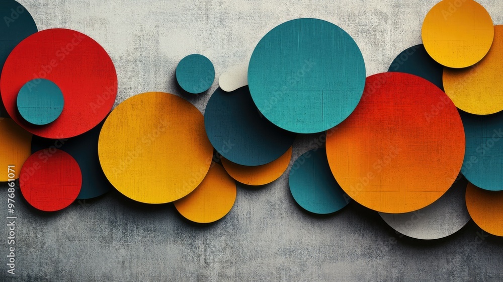 Poster dynamic infographic design with colorful circles arranged in a geometric pattern over a textured sur