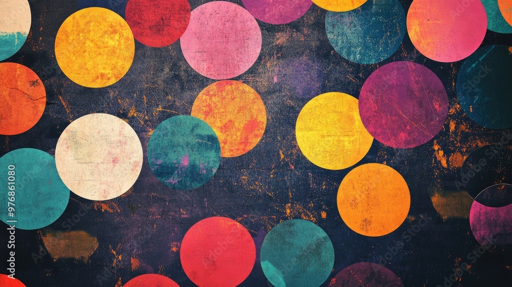 Poster dynamic infographic design with colorful circles arranged in a geometric pattern over a textured sur