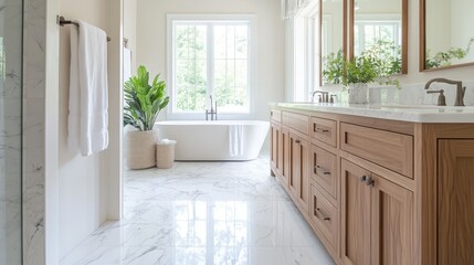 Fototapeta premium Elegant bathroom with marble floors, wooden storage, and a large mirror reflecting soft, natural light. Clean and bright interior design.