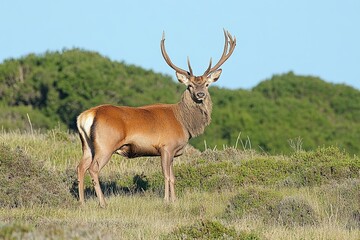 Majestic Red Deer Stag Standing Proud in Lush Green Landscape, Wild Animal in Natural Habitat.