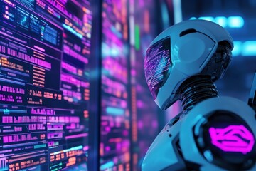A futuristic robot observes a display screen filled with data and code.