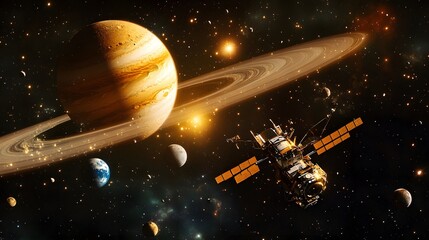 Naklejka premium Solar System with Spacecraft: A spacecraft navigating through the solar system, passing close to planets like Mars and Jupiter. 