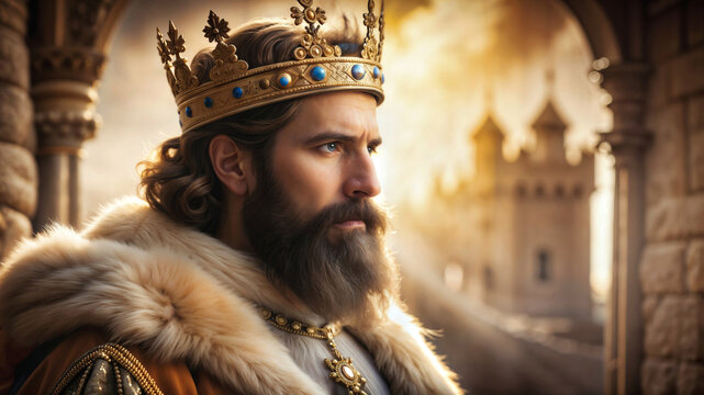 A king with a crown on his head and a beard with a blurry background of an ancient castle