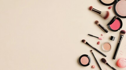 Flat lay of various makeup tools scattered on a minimalist background, offering ample negative space for design or promotional text.