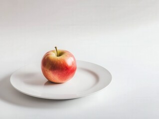 A single red apple resting on a simple white plate against a minimalist background