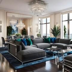 Cozy modern living room with fireplace and luxury furniture design