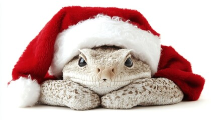 Festive Lizard Adorable Reptile in a Santa Hat Celebrates Christmas on White Background