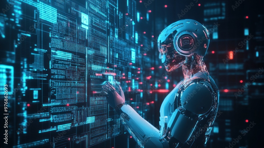Poster futuristic robot interacting with digital interface