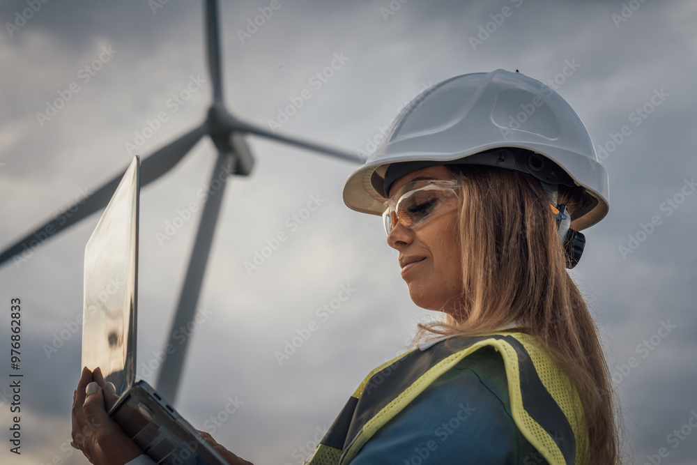 Poster a talented female engineer is actively monitoring wind turbines using her laptop in the dynamic and 