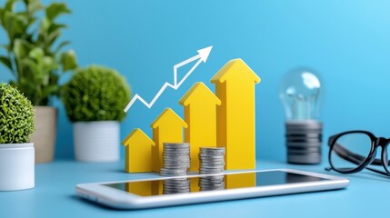 Business growth concept with ascending charts, coins, and modern technology. Ideal for finance, investment, and success themes.