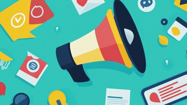 Illustration of a megaphone surrounded by digital marketing icons, symbolizing online promotion and social media engagement.