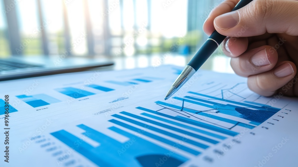 Poster business analyst analyzing financial data with charts and graphs