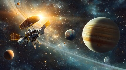 Naklejka premium Solar System with Spacecraft: A spacecraft navigating through the solar system, passing close to planets like Mars and Jupiter. 