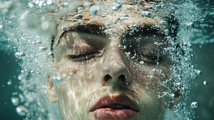 Fototapeta premium Close-up of a Man's Face Submerged in Water with Air Bubbles