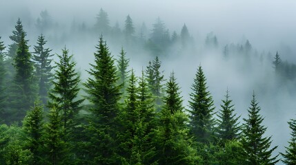 Misty mountain landscape with coniferous forest