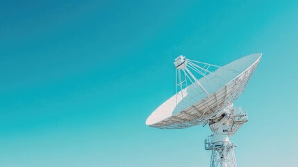 Large white satellite dish radio telescope pointing to the sky, clear blue background, outdoor scene of technology.