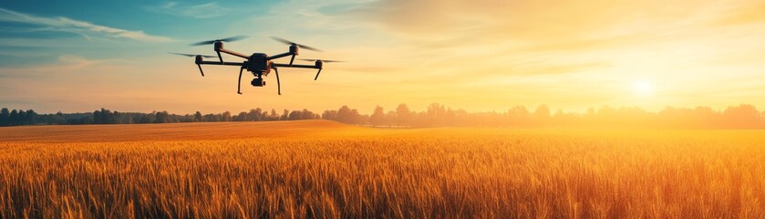 Obraz premium Drone Flying Over Wheat Field At Sunset