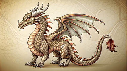 Dragon in doodle style, with intricate scales and curved horns, mythical, creature, fire-breathing, fantasy