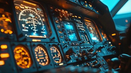 Close-up of an Airplane Cockpit with Illuminated Gauges and Controls