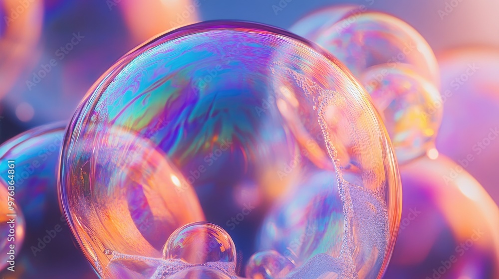 Poster macro image of multicolored, transparent soap bubbles with holographic effects, capturing their beau