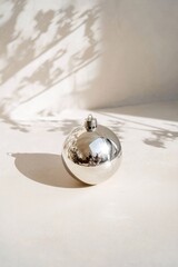 Reflective silver ornament casting delicate shadows on a neutral background in soft light
