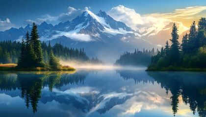 Fototapeta premium Nature Bliss: A serene mountain landscape with a lake reflecting the snowy peaks at sunrise
