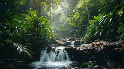 A stream of water runs through a gorgeous rainforest