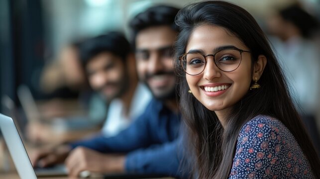 indian colleagues smiling and working on a laptop, representing a successful business team perfect for a banner template