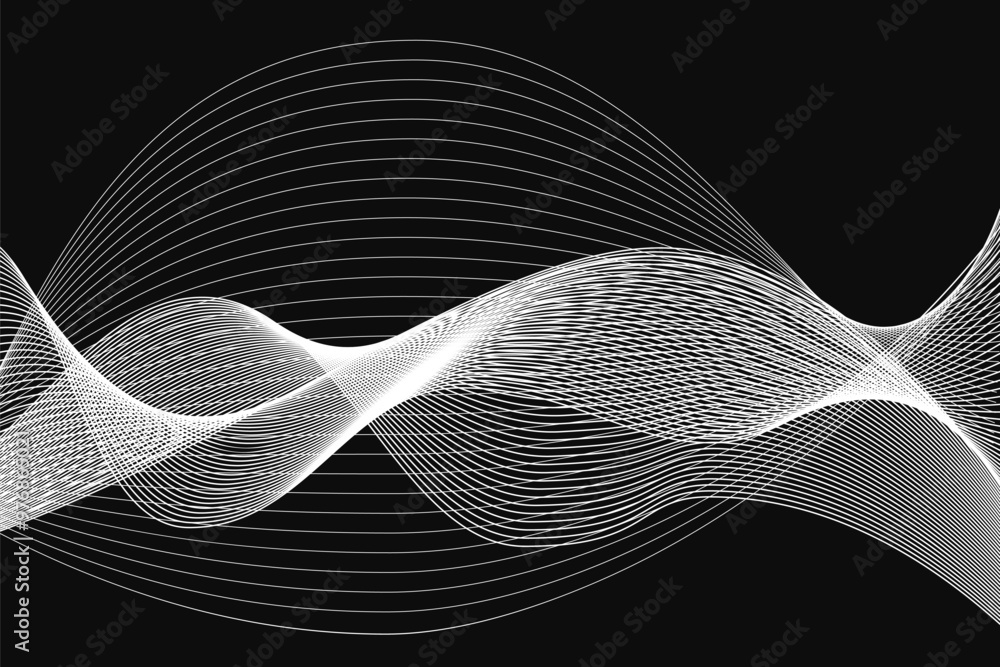 Poster white abstract waves background on black. silver grid curves lines vector illustration. digital swir