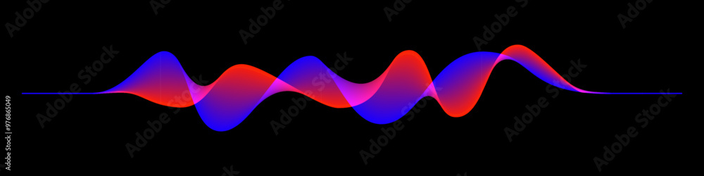 Poster abstract sound rhythm wave vector illustration. blue and red flowing twisted waveforms isolated on b