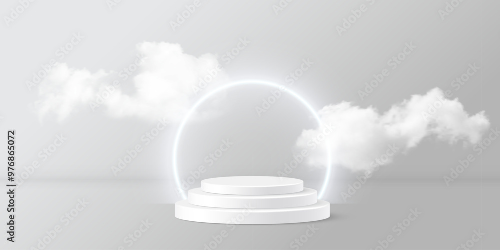 Aufkleber 3d white product podium with circle neon shiny frame and clouds vector illustration. abstract realis