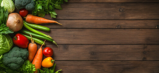 Healthy food concept. Frame of fresh vegetables on rustic wooden background with copy space