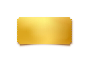 Golden ticket. Gold vector coupon, sticker or discount tag mockup isolated on white background. Cinema, theater, concert, party, event, festival invitation entrance.