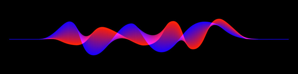 Abstract sound rhythm wave vector illustration. Blue and red flowing twisted waveforms isolated on black background, creating a vibrant and dynamic visual effect. Modern digital design element.