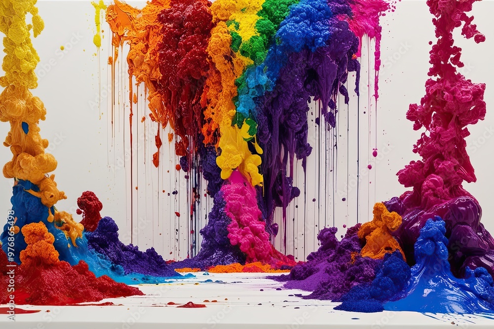 Poster colorful pigment flow on white canvas creating a vivid fluid cascade