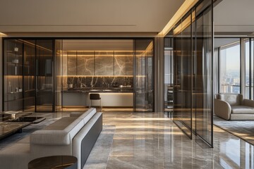 Modern open-plan apartment interior, kitchen, and living space connected with a panoramic view.