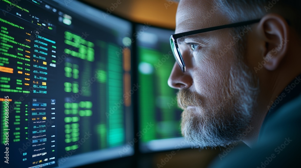 Poster man wearing glasses looking at computer screen with green code