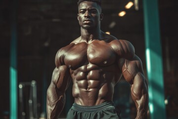 Bodybuilder posing and showing his muscles at the gym