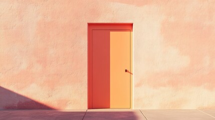 Minimalist 3D building design featuring a pale orange door, rendered with pastel colors and subtle shadows.