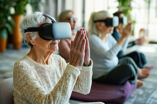elderly women using virtual reality headsets, participating in a group activity. They are sitting calmly with their hands together, possibly meditating or engaging in a VR wellness session