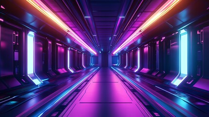 Fototapeta premium A futuristic hallway with glowing neon lights in pink and blue.