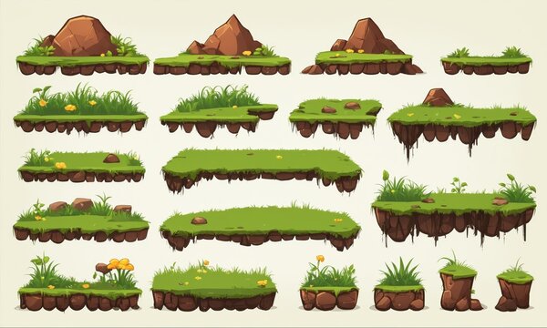 Collection of cartoon green grassy ground platforms for game design