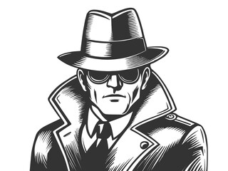 spy, secret agent, detective or killer, hat, and sunglasses, classic noir sketch engraving generative ai fictional character raster illustration. Scratch board imitation. Black and white image.