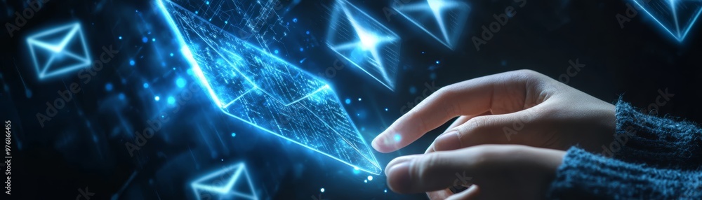 Poster hand interacting with digital envelope icon abstract technology background
