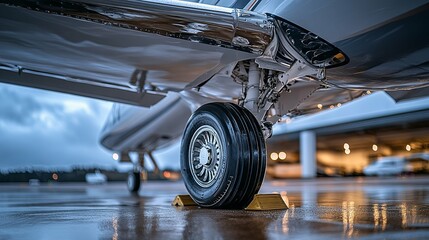 Close-up of a Private Jet's Landing Gear on a Wet Runway
