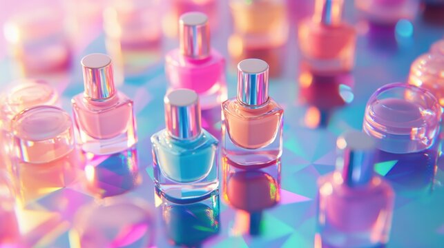 Colorful Nail polish pattern background,Bottles of nail polish, each containing liquid cosmetics,Set colors nail polish isolated on color background,beauty,fashion concept,space for text.