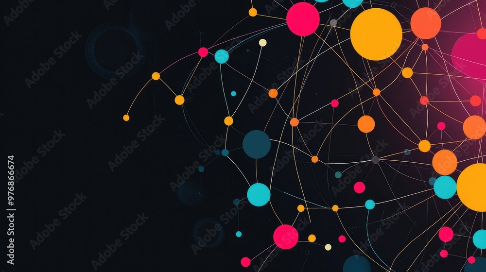 Poster multicolored circles connected in a geometric pattern form a stylish infographic texture. vibrant hu