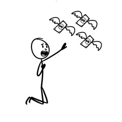 a stick figure kneels sadly, all the money flies away leaving him