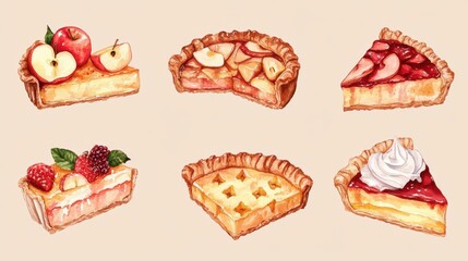 Watercolor set of apple pies and blueberries tarts,traditional pastries and delicious pie,hand painted triangular slice,thanksgiving,autumn season,Hand-drawn vector illustration,menu pattern.