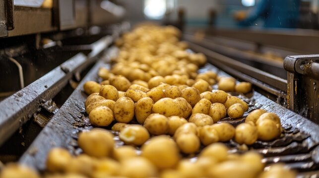 Potatoes moving along conveyor belt in food processing plant